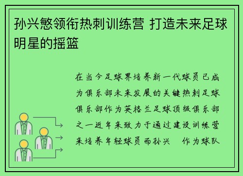 孙兴慜领衔热刺训练营 打造未来足球明星的摇篮